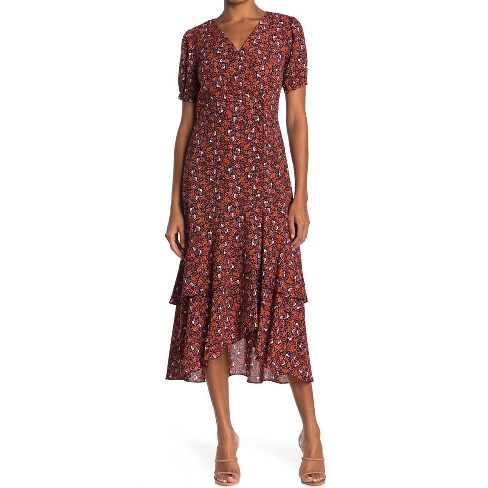 Nanette Lepore Dress Rust Floral Midi Wrap Brown Tiered Ruffle Size 6